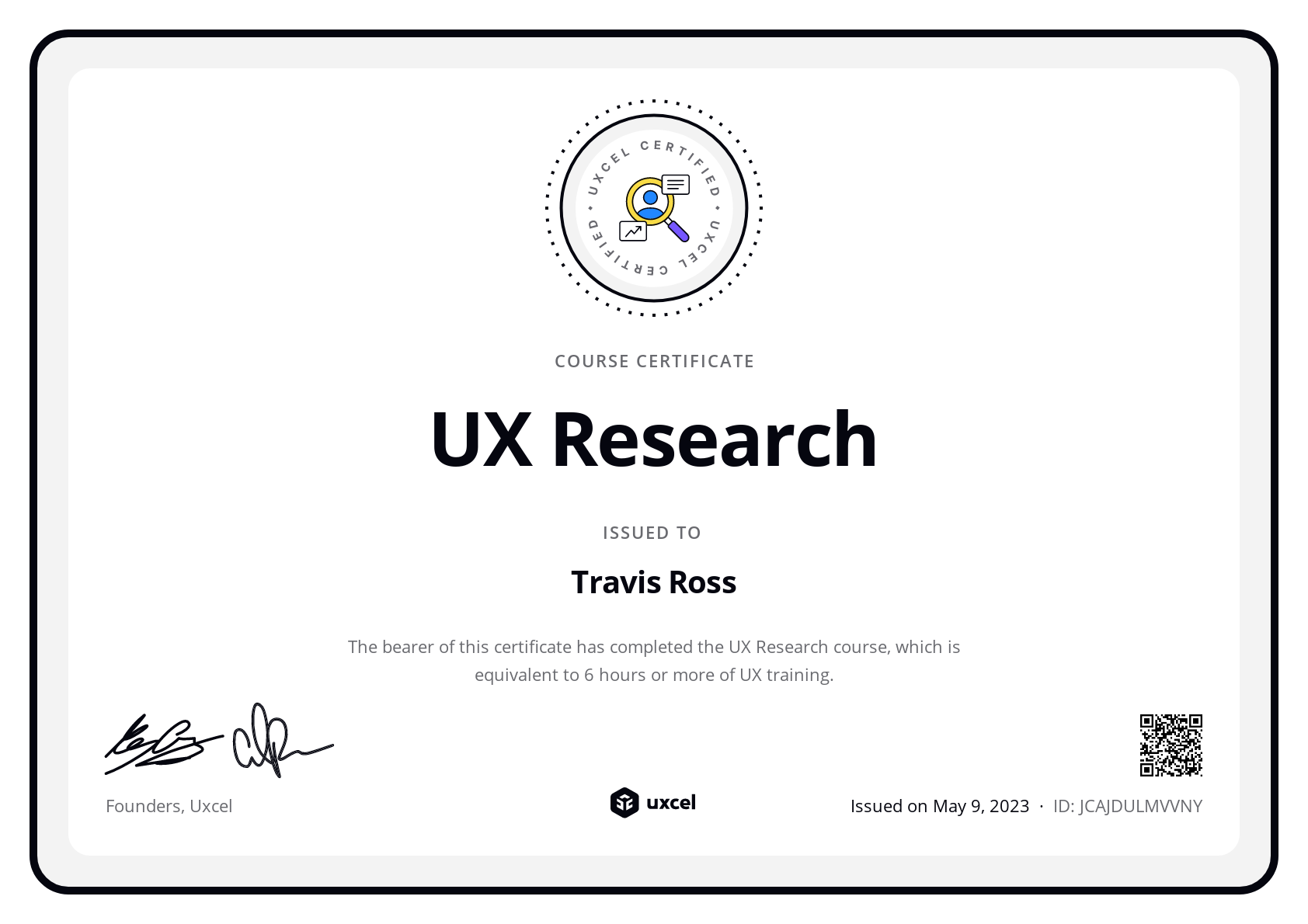 Travis Ross's certificate